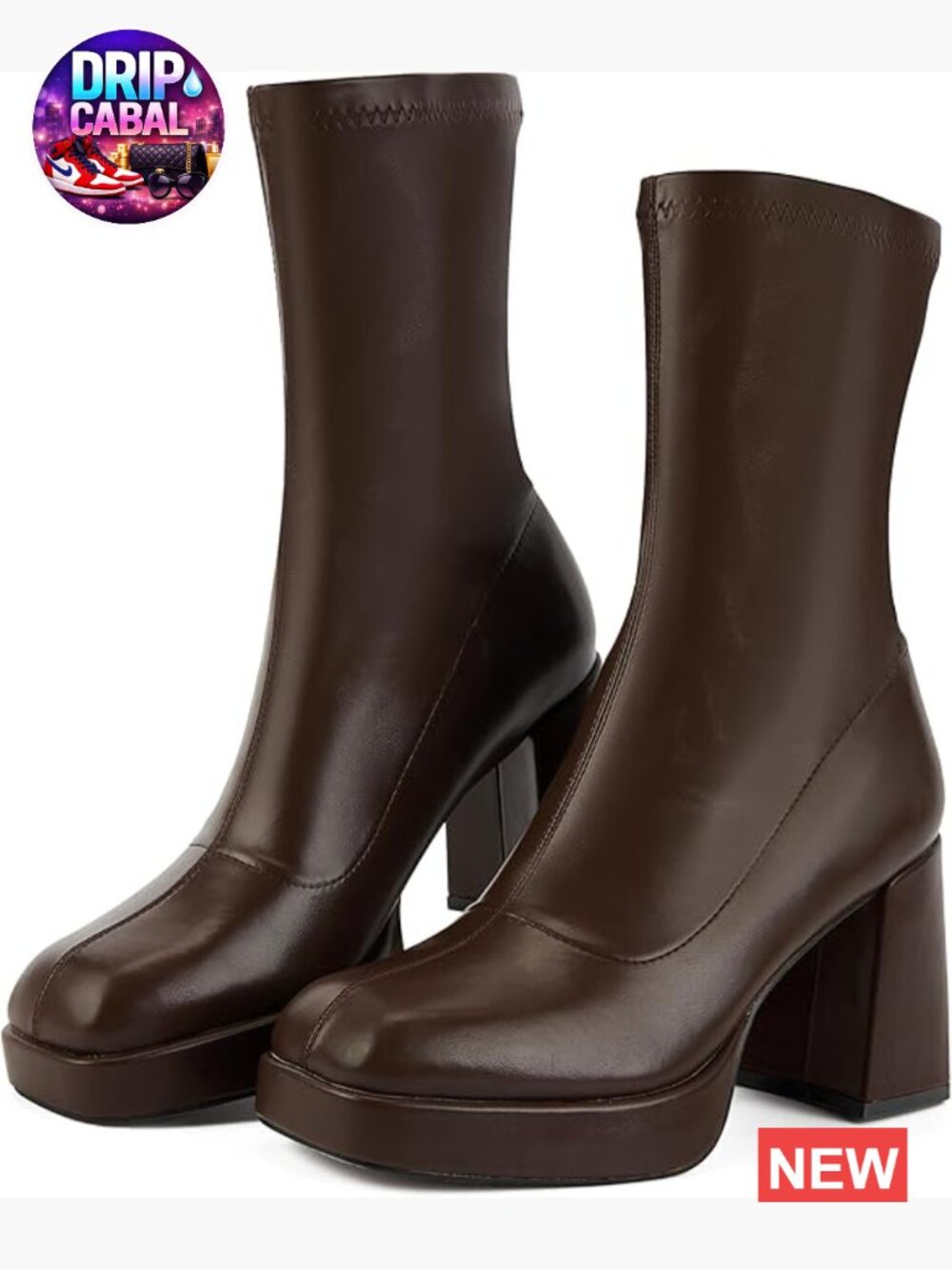 Faux Leather Square Toe Chunky Heel Platform Ankle Boots Pull On Booties